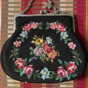 Vintage Needlepoint Pocketbook with Silver Hardware